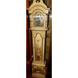 A contemporary cream painted long case clock, having arched brass and silvered dial titled Tempus