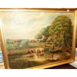 A G Levett - Farmyard scene with cattle watering, oil on canvas, signed and dated 1909 lower