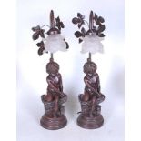 A pair of 20th century French style resin figural table lamps, each having a frosted glass shade