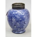 A Victorian blue and white transfer printed vase, of globular form, having twin reserves being one