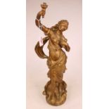 After Auguste Moreau (1834-1912) - a French gilt spelter figural lamp, in the form of a maiden in
