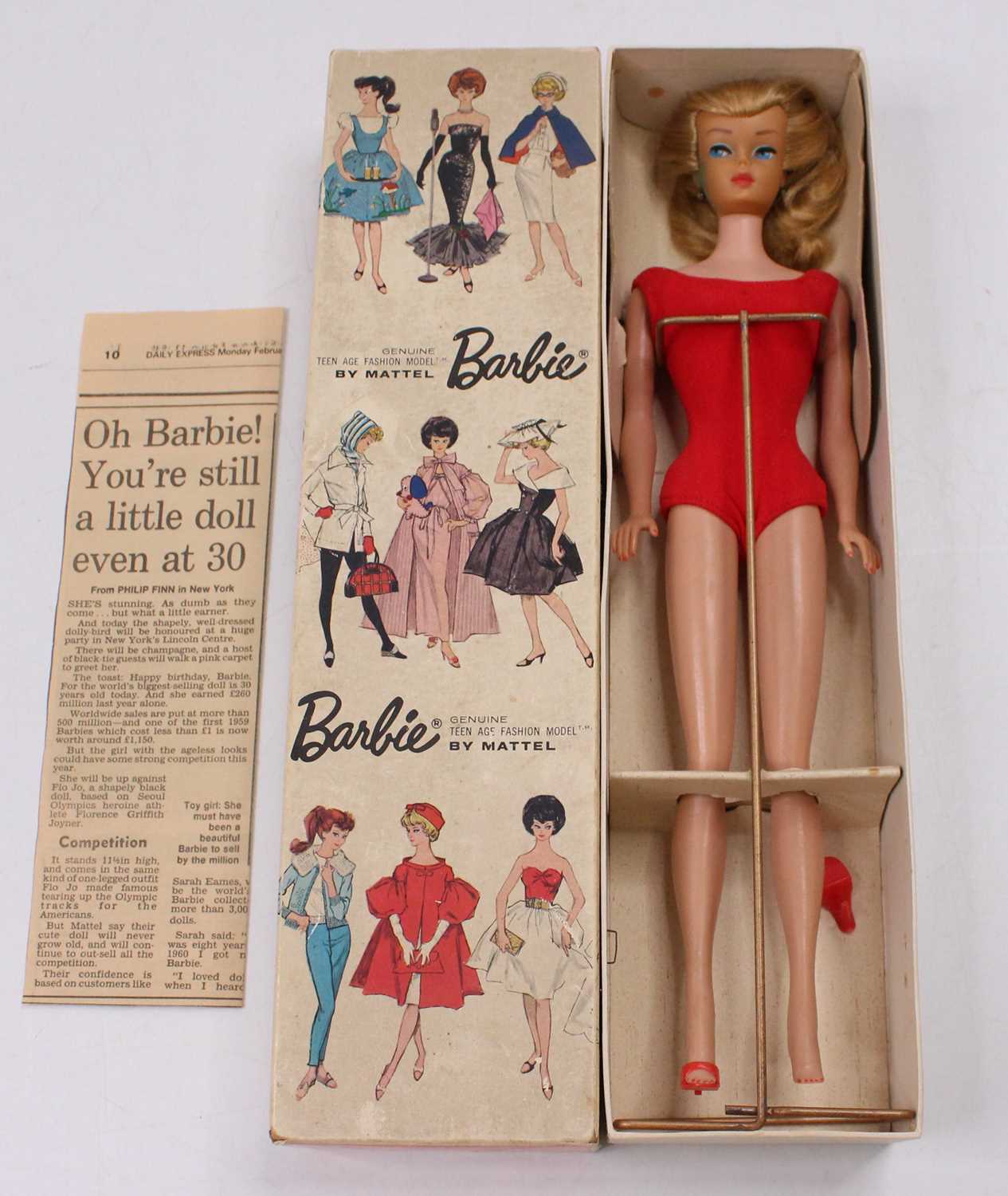 Original Barbie No.850 Doll, comprising figure in red swimming costume with red shoes and display