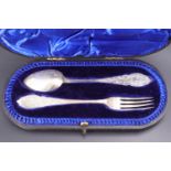 A cased Victorian silver Christening set, comprising a foliate-engraved fork and spoon, C&Co,