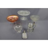 Two pressed glass tazzas / cake stands, a carnival glass bowl, pressed glass bon-bon dish, a hip