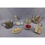Victorian and early 20th Century electroplate and glass including cruet sets, a pickle jar and