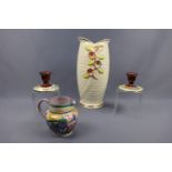 A Poole Pottery hand-painted jug, a pair of Maling Peony Rose candle stands together with a large