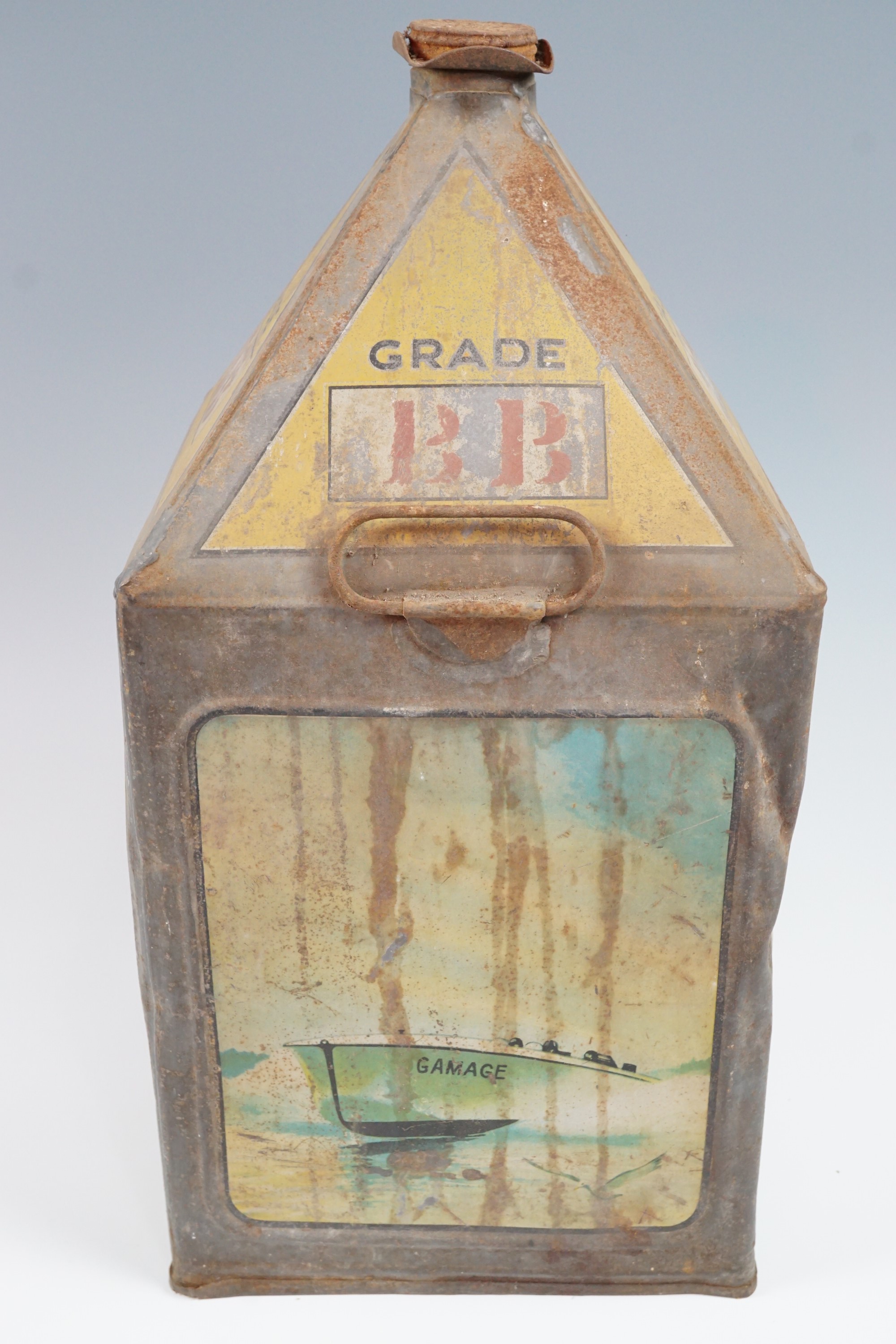 A 1930s Gamages 5-gallon fuel oil can, of so-called "pyramid" form, lithographically printed in - Image 2 of 8