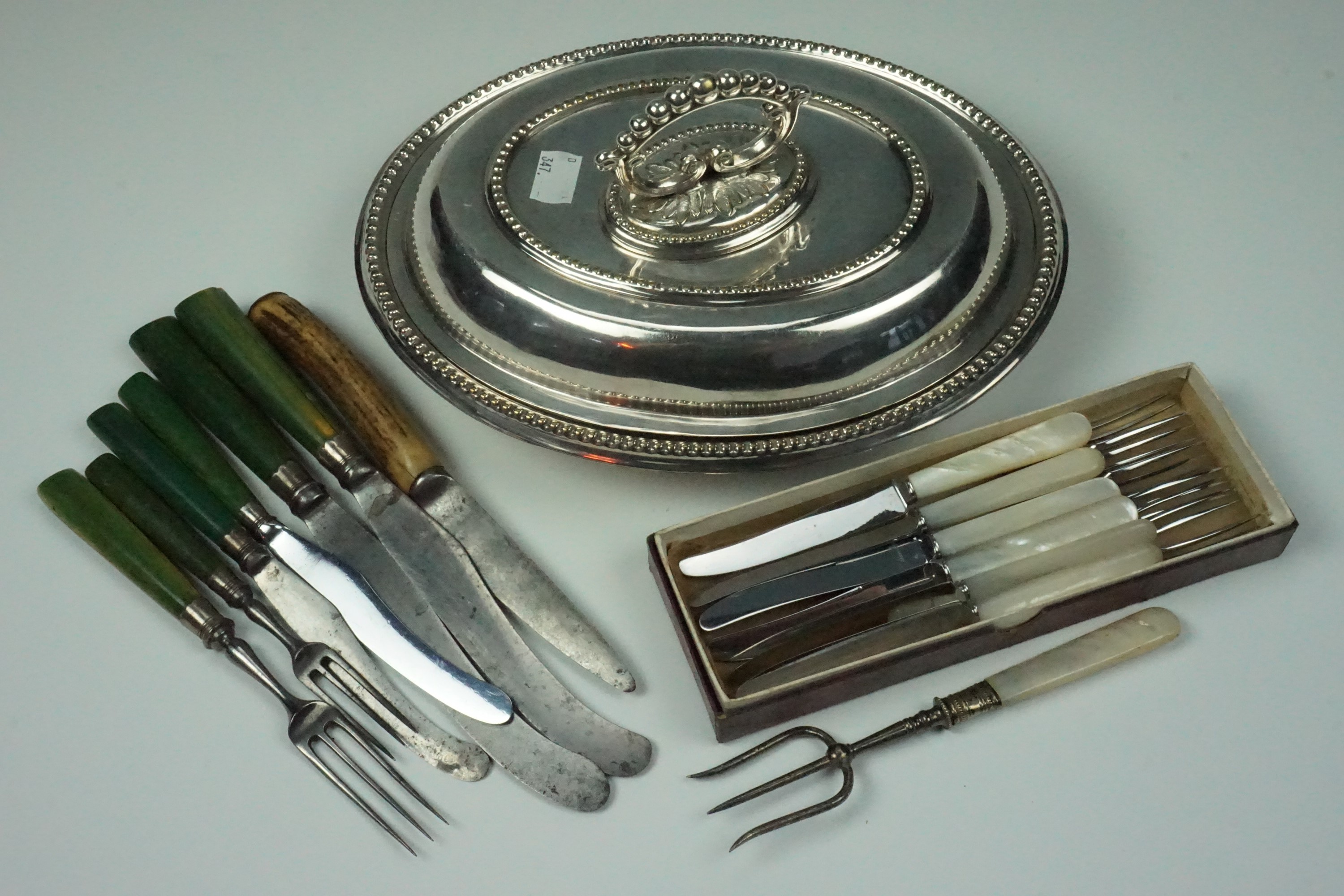 Sundry 18th Century and later cutlery together with an electroplate entrée dish