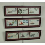 Three uniformly framed groups of Royal National Lifeboat Institution commemorative first day stamp