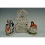Three Victorian Staffordshire flatback figurines including Robert Burns and Highland Mary, Little