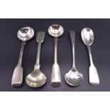 Four Georgian / Victorian silver salt and mustard spoons together with an electroplate salt spoon