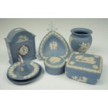 A Wedgwood Jasperware clock and other items, clock 11.5 cm