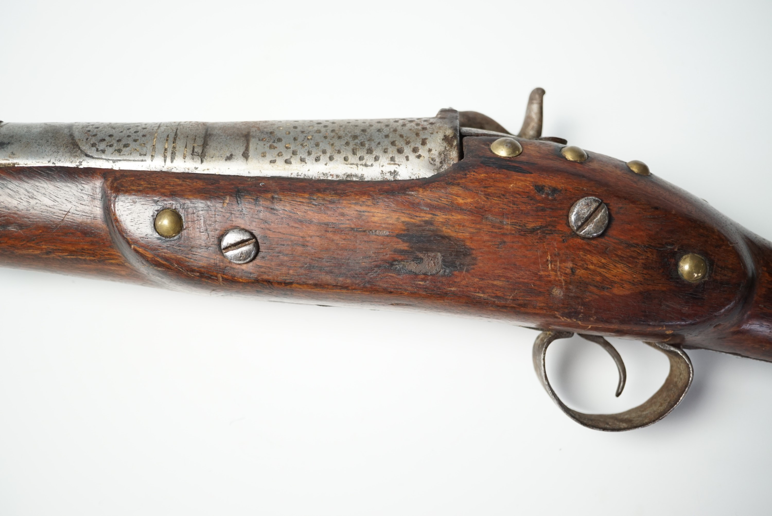 A 19th Century Indian percussion musket, utilising a modified earlier toradar musket barrel and East - Image 6 of 8