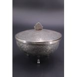 A fine 1930s Anglo-Indian white metal dressing table powder box, finely engraved overall in a