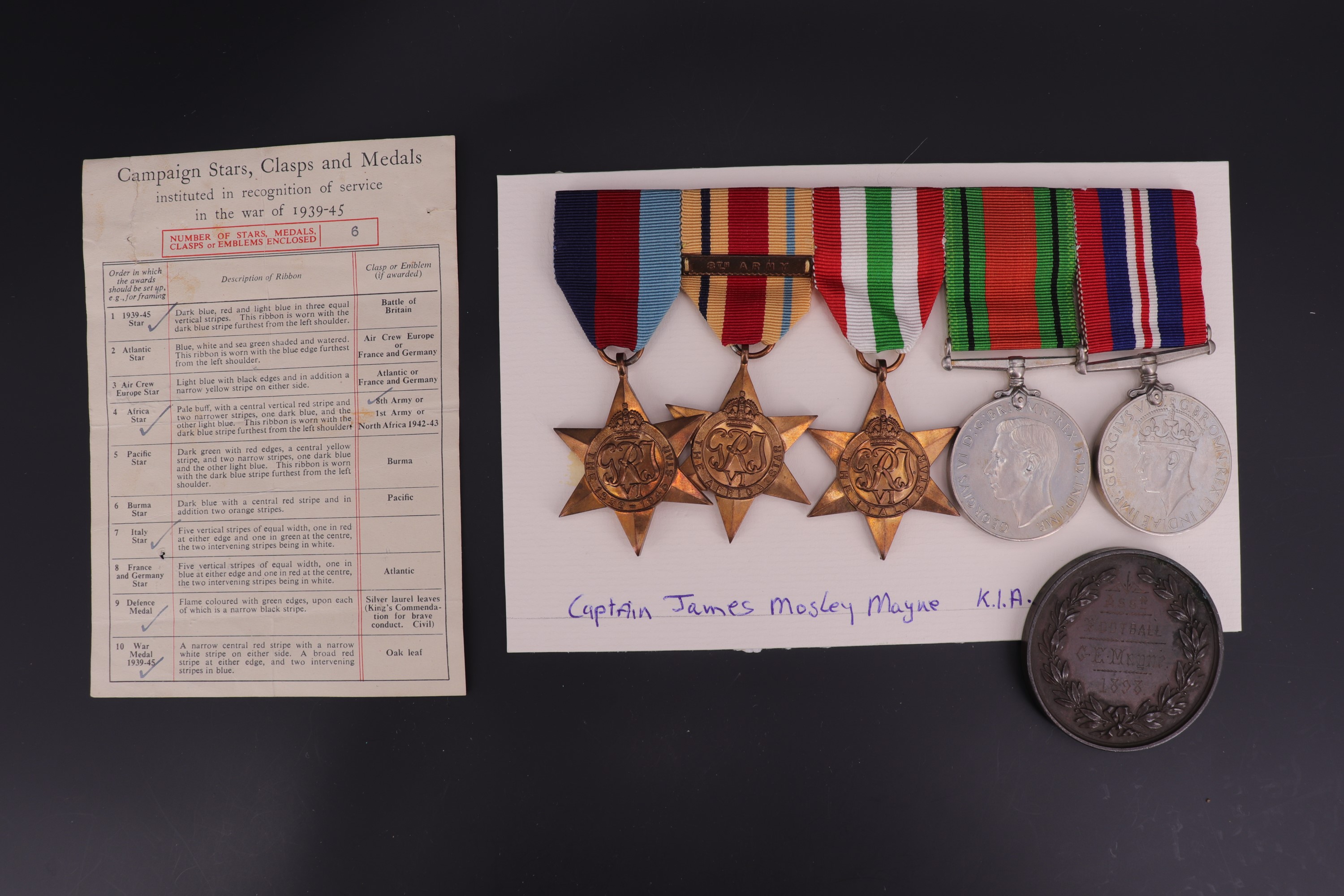 A Second World War group of casualty campaign medals, those of Captain James Mosley Mayne, Royal - Image 2 of 2