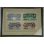 A framed group of four Bank of England O'Brien / Peppiatt one pound / ten shilling banknotes, in