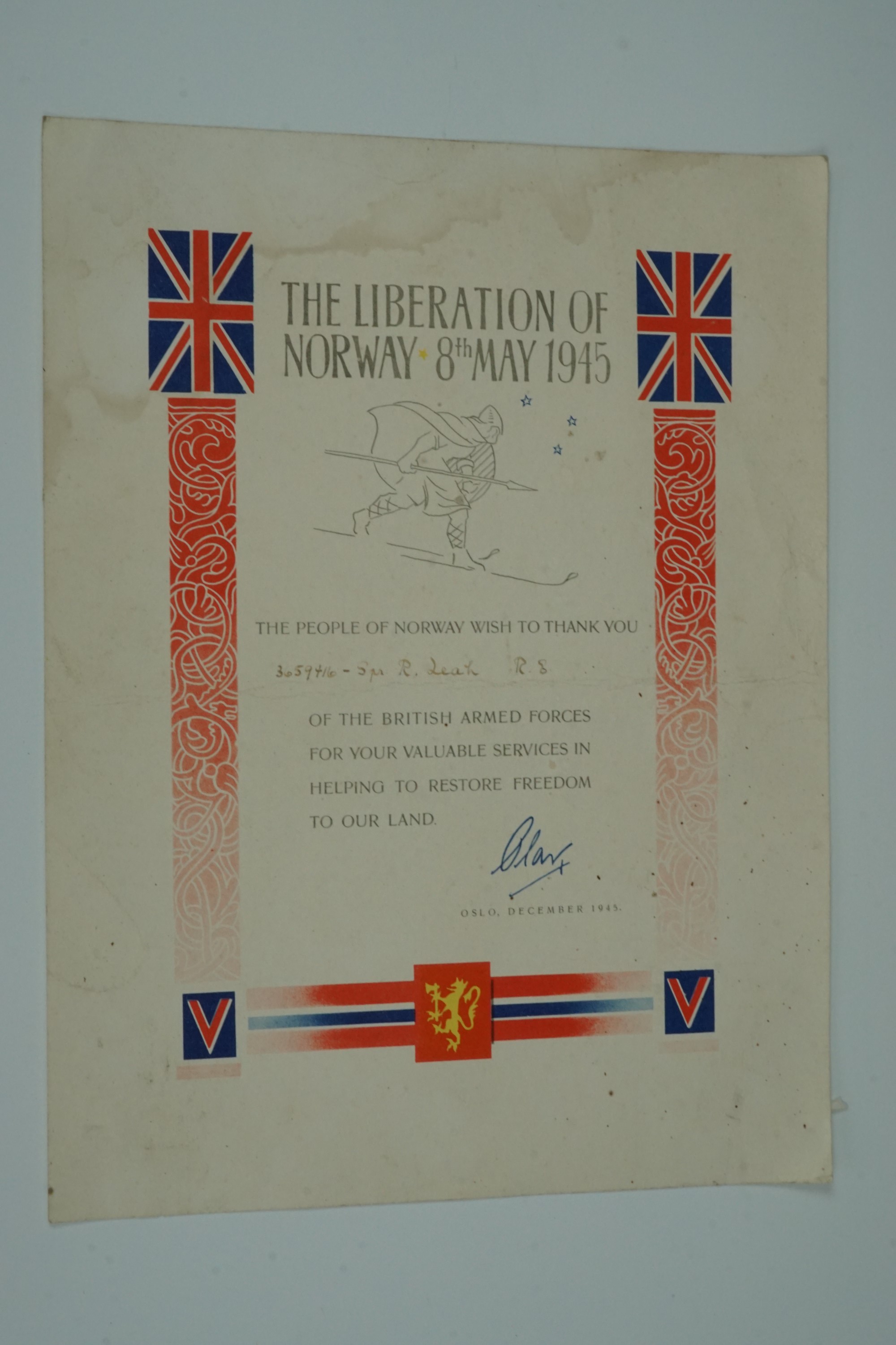 A 1945 Liberation of Norway certificate