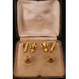 A cased pairs of antique high carat yellow metal cuff links, comprising a pair of diamond set and