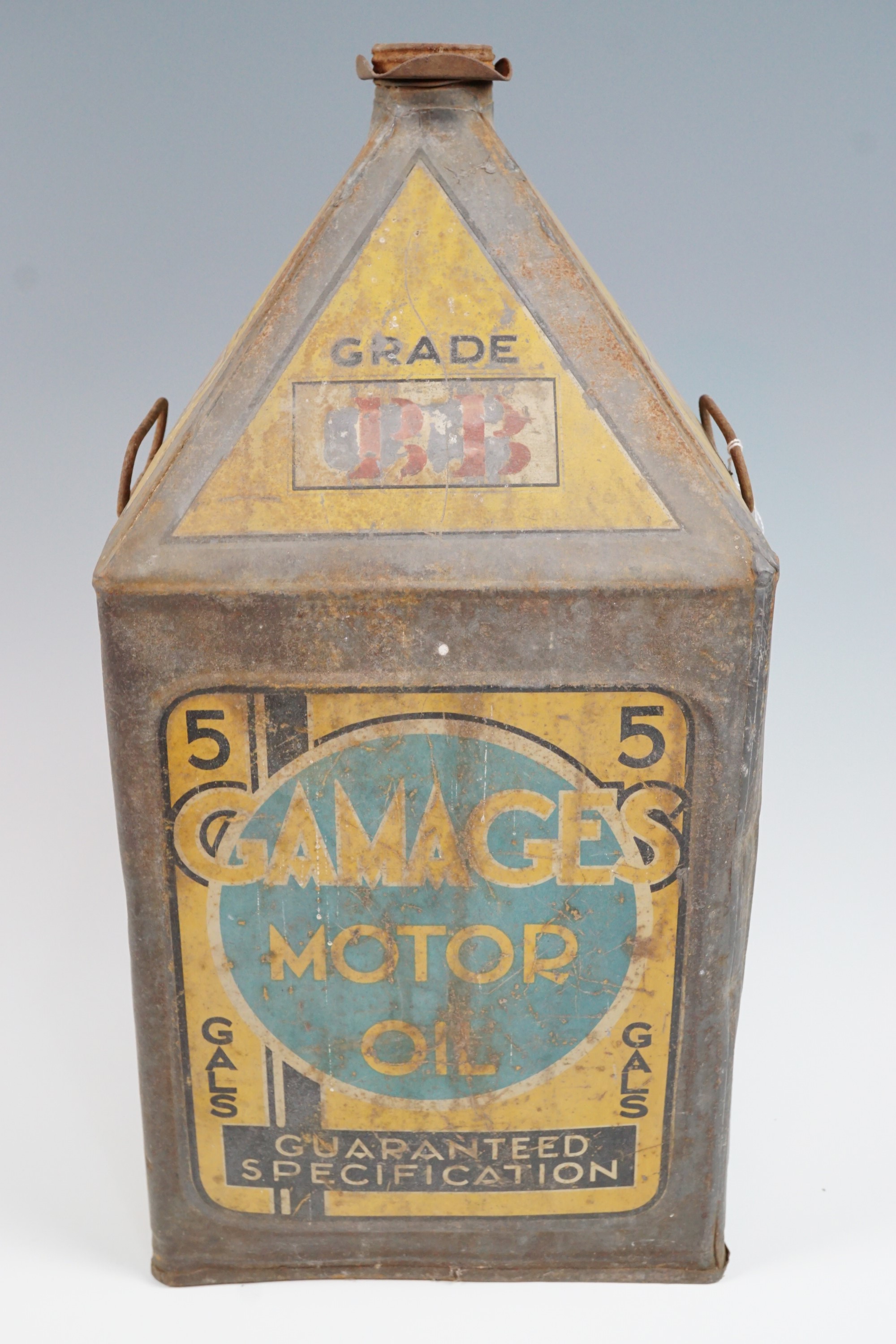 A 1930s Gamages 5-gallon fuel oil can, of so-called "pyramid" form, lithographically printed in - Image 3 of 8