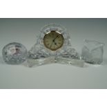 A Waterford Crystal clock, 18 cm x 12 cm, together with a Wedgwood paperweight, a Nubro Swedish