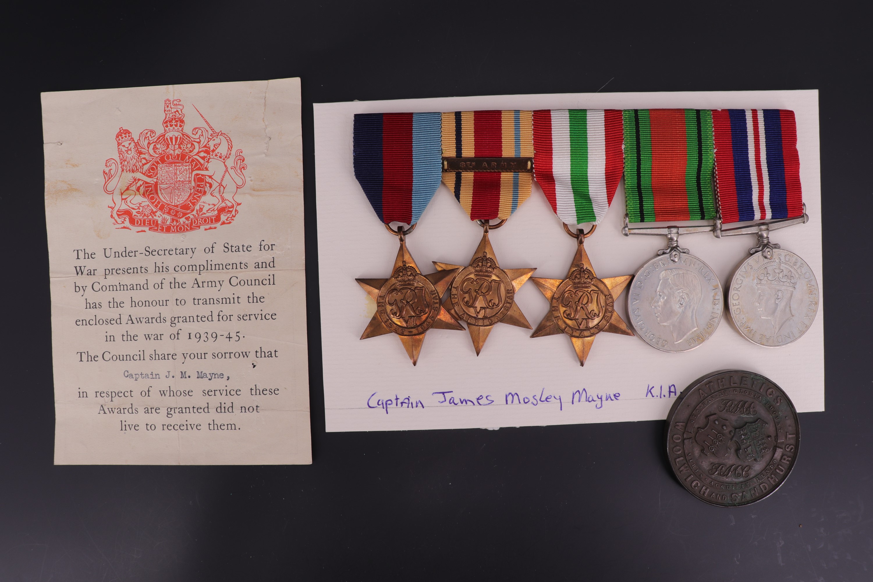 A Second World War group of casualty campaign medals, those of Captain James Mosley Mayne, Royal