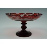 A Victorian ruby flashed and finely cut glass tazza decorated in depiction of deer and hounds in a