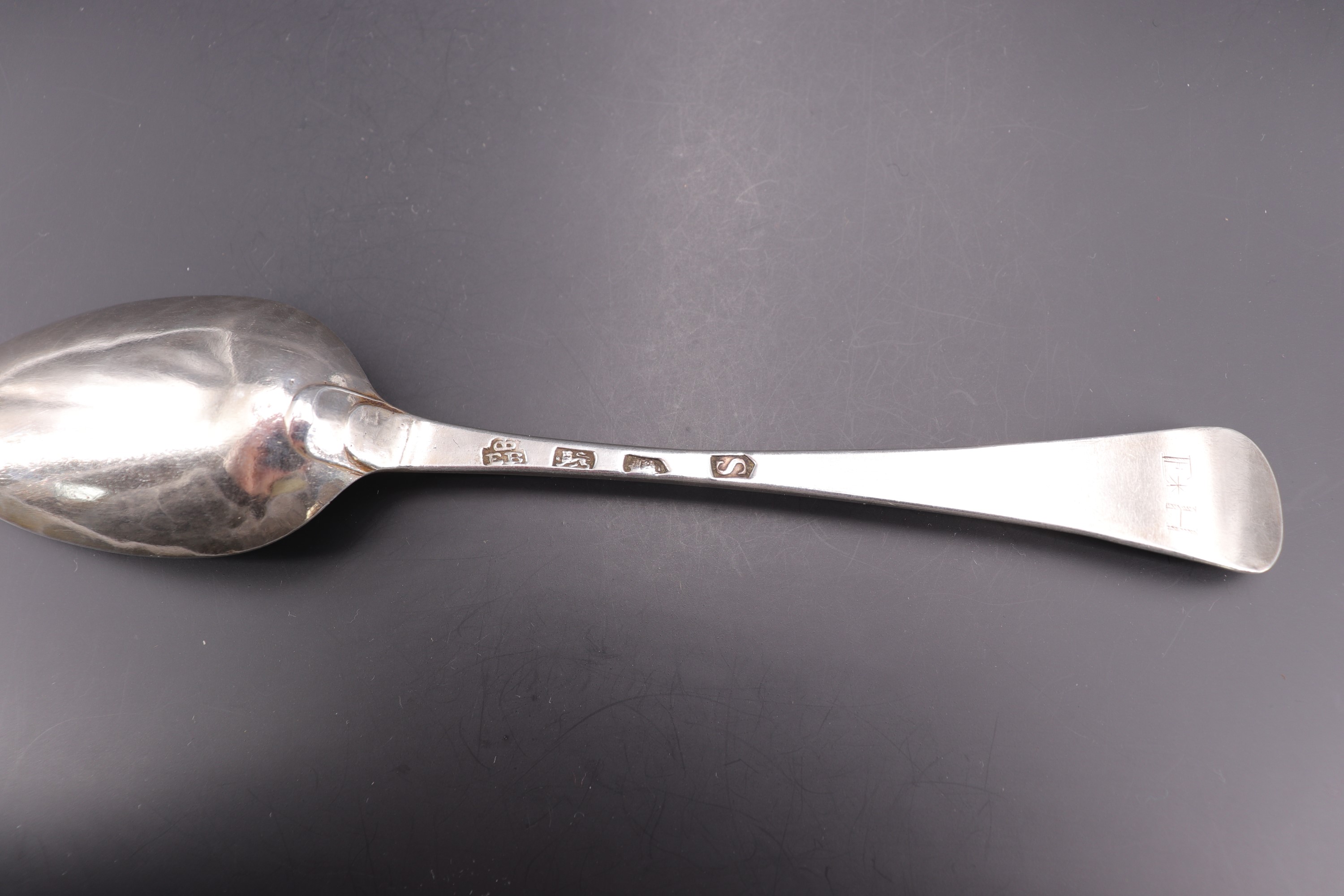 A George II silver Hanoverian pattern table spoon, bearing engraved initial to each face of the - Image 2 of 2