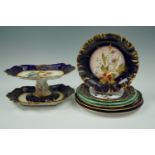 A Copeland Spode Woodcock No 2 plate, Victorian hand-enamelled porcelain dessert plates, a comport