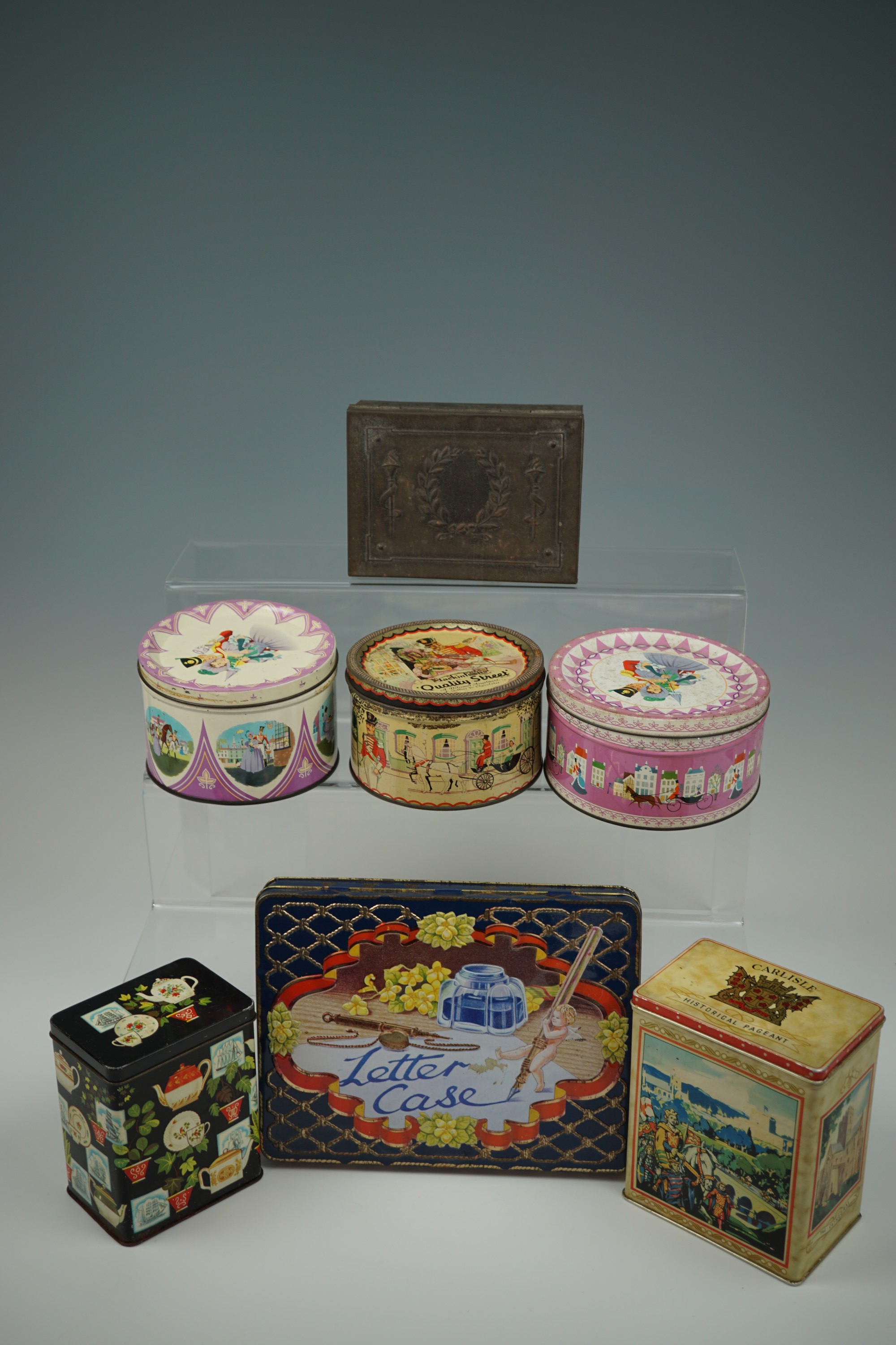 Sundry vintage and other tinplate boxes including an embossed and printed "letter case" and a