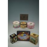 Sundry vintage and other tinplate boxes including an embossed and printed "letter case" and a