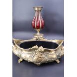 A heavy cast brass Rococo style jardiniere, 42 cm, together with a brass and ruby glass lobed