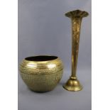 An Indian brass trumpet vase, 34 cm high together with an Indian cachepot, 20 cm diameter