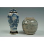 A Chinese crackle-glazed blue-and-white vase together with a Chinese / Korean jar, (latter a/f)