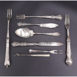 Sundry silver and silver-handled cutlery including a butter knife, preserve spoon, pickle forks etc