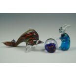 A Mdina glass rabbit and dolphin together with a paperwieght