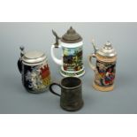 Two West German beer steins, a reproduction Imperial German military stein and a pewter tankard