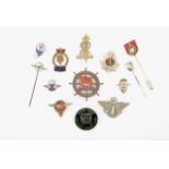 Automotive and other lapel badges and brooches including an RMS Queen Mary brooch, car and