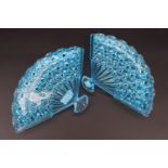 A pair of pressed electric blue glass trays in the form of fans, attributed to Fenton Art Glass,