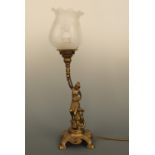 An Art Nouveau style brass figural table lamp, modelled as a young lady holding aloft a torch,