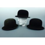 Three vintage riding bowler hats for a lady retailed by "Mrs White, Hatter and Cap Maker, St