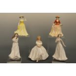 Five Royal Doulton figurines: Autumn Stroll, HN 4588, Heather, HN 2956, Spring Time, HN 4586,