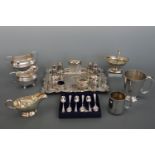 A quantity of electroplate including boxed teaspoons, cruet sets, tray etc.