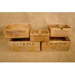 A number of decorated branded wooden crates comprising two "Lords - London", largest 48 × 35 × 19
