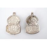 Two Second World War Home Front ARP silver cap / lapel badges