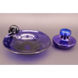 A 20th Century cobalt blue / Bristol blue glass dish, and one further tea light holder or hyacinth