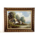 (19th Century) A continental view of a white-washed and thatched cottage nestled within a verdant