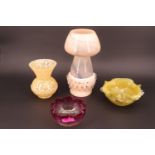 A collection of 20th Century art glass, including a yellow speckled glass vase, tallest 25 cm