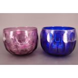 Two cut glass finger bowls attributed to Whitefriars, in cobalt and amethyst glass, decorated with