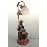 A bronzed figural table lamp modelled as a young woman sat reading a book, 54 cm