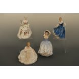 Four Royal Doulton figurines: Sheila, HN 2742, Diana, HN 2468, Joanne, HN 2373, and Kay, HN 3340,